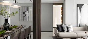 Contemporary modern styled dining area and living room.