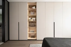 Modern minimalist closet storage system with light wood shelving and steel accents.