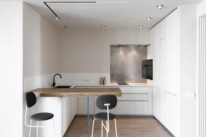 Minimalist kitchen featuring a white cabinet and wood counter