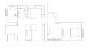 A detailed architectural blueprint of a modern white interior design.