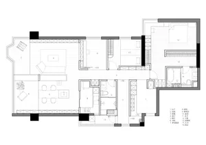 A 2D architectural drawing of a modern interior space, including layout and room functions.
