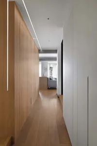 Modern minimalist hallway with wooden flooring and white walls, featuring a ceiling light and a view into a living room area.