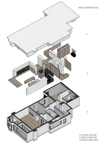 等角渲染的現代住宅室內3D模型，包含結構牆面、固定家具與風格元素