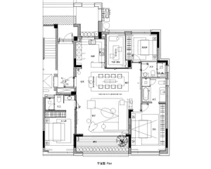Modern residential floor plan with multiple rooms and functional zones.