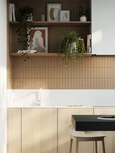 A modern kitchen featuring wooden tiles and minimalist design elements.