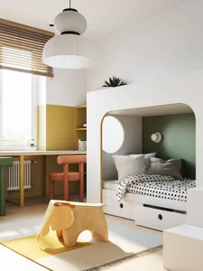 A minimalist children's bedroom featuring white walls adorned with touches of yellow and green, including a wooden elephant c