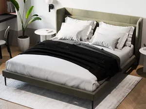 A modern minimalist bedroom with a comfortable bed featuring white bedding and a black throw blanket.