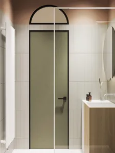 Modern bathroom with ceramic tile walls, a glass shower door, and a wooden vanity.
