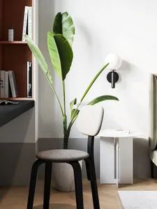 A modern living room featuring contemporary furniture, minimalist decor, and a sleek, white side table.