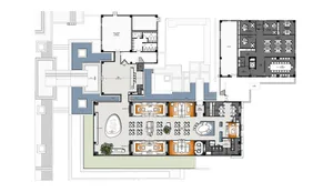Floor plan of an office space with various functional zones and furniture arrangements.