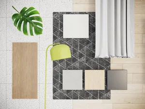 A minimalist room layout featuring a patterned rug, wooden floor, and fabric curtain, viewed from above.