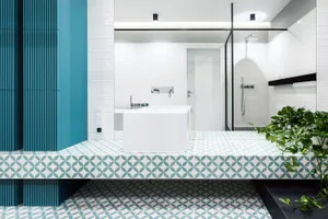 Modern bathroom design with a blue and white tile floor and walls.