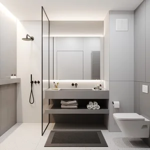 A minimalist bathroom with a concrete countertop, a white toilet, and a walk-in shower.