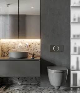 Modern bathroom design featuring concrete and terrazzo materials.