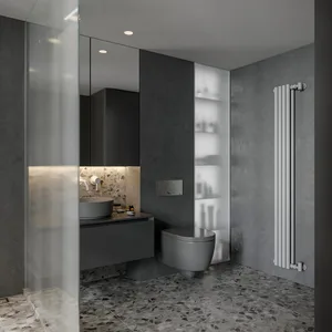 Modern bathroom featuring metallic grey cabinets, counter and toilet, grey concrete and terrazzo tiled floor, and a frosted g