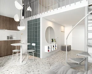 A modern, minimalist interior with clean lines and neutral tones, featuring a kitchen area with wooden cabinets and a white d