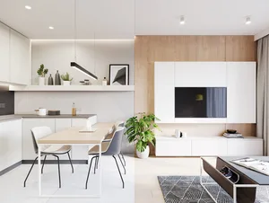 A modern kitchen dining and living room interior with a sleek, minimalist design.