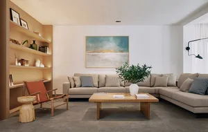 Modern living room featuring minimalist interior design with neutral-colored furnishings and a large abstract painting on the