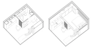 Modern living space floor plan with living area, kitchen, and stairs.