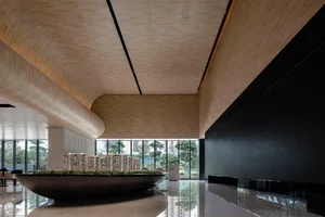 Modern lobby with concrete and glass walls and a wooden ceiling