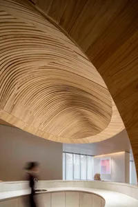 Modern lobby interior with a curved, wood-textured ceiling detail and a reception desk.