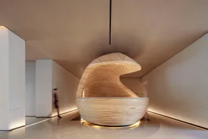 Modern lobby featuring a wave-shaped wooden reception desk.
