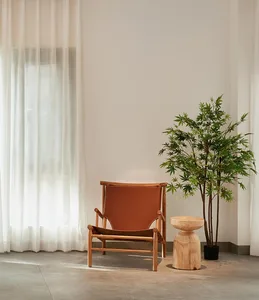 A minimalist living room with wooden furniture and a potted plant.