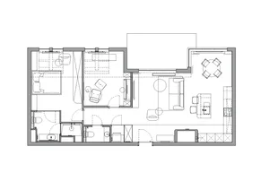 Modern residential floor plan with living room, kitchen, and bedroom