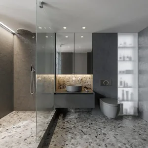 Modern bathroom with black tiled floor and concrete walls