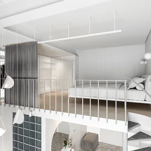 Modern white bedroom with minimalist design, glass partition, and metal railings.