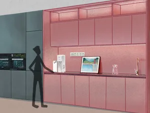 Minimalist kitchen with pink cabinets.