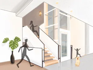 A modern entryway featuring a wooden staircase and concrete floor, with a person climbing the stairs.