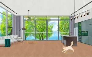 A modern living room with large windows showcasing a lush green landscape, wooden flooring, and minimalistic furniture.