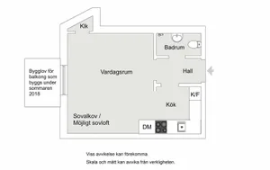 A modern flat floor plan showing a living room, kitchen, bathroom, and hallway.