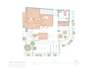 Floor plan of a modern residential space showing rooms, balconies, and landscaping.