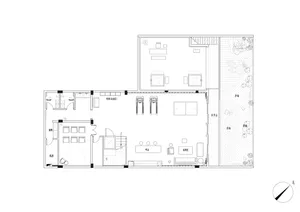 Floor plan of a modern fitness center with concrete, glass, and steel materials, showcasing the layout and design of the gym 