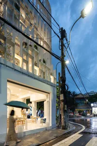 Modern coffee shop with metallic frame and glass panels