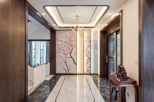 Entrance hall decorated with a modern design featuring marble panels, creating a luxurious and sophisticated atmosphere.