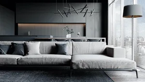 Modern living room with a gray couch, black coffee table, and minimalist decor.