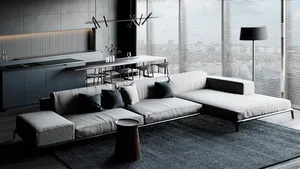 A modern living room with a gray sofa, black coffee table, and a floor lamp.