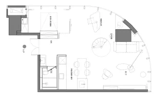 Modern living room with neutral materials and a minimalistic floor plan