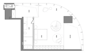 2D architectural drawing of a modern residential interior with a living room, bedroom, and bathroom.