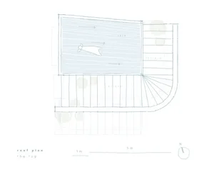 A detailed architectural plan of a roof with dimensions, terraces, and a table in a shaded area.