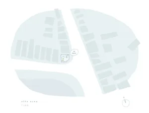 A schematic floor plan layout of a site area showing various buildings and their arrangement.