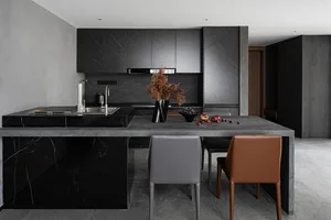 Futuristic, minimalist kitchen with sleek black marble countertops and cabinets