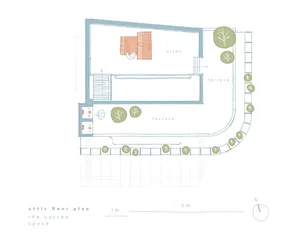 Simplified diagram of an attic space featuring a main room, altar, and terraces with greenery.