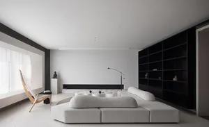 A minimalist living room with a white fabric sofa, black bookcase, and large window