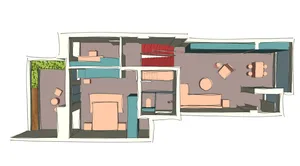 A modern apartment layout featuring a living room, kitchen, and bedrooms.