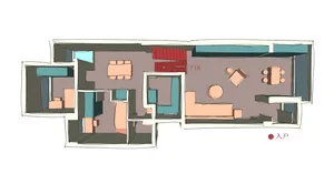 A modern floor plan depicting a multi-functional living space with a kitchen, living room, and bedroom.