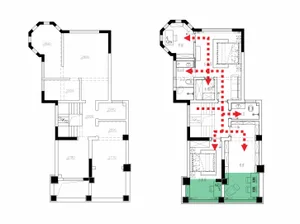Detailed architectural blueprint of a modern floor plan, showing interior layout and dimensions.